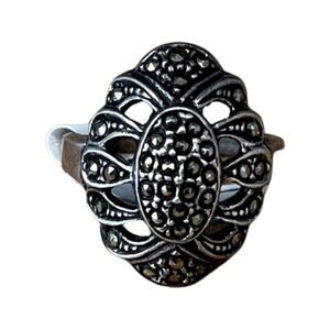 Sterling Silver Marcasite Ring, Vintage Marquis Ring Size 5.75